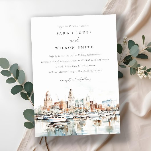 Invitation Chic Tampa Floride Skyline Mariage d'aquarelle
