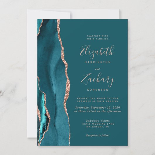 Invitation Chic Teal Rose Gold Agate QR Code Wedding (Devant)