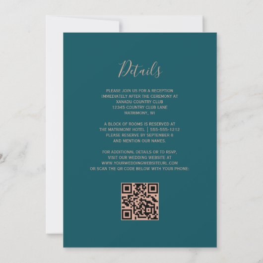 Invitation Chic Teal Rose Gold Agate QR Code Wedding (Dos)