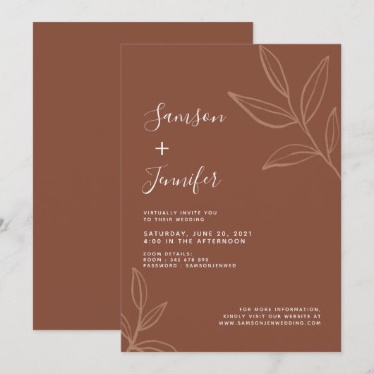 Invitation Chic Terracotta avec Mariage virtuel Boho Feuille (Devant / Derrière)