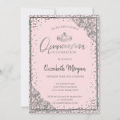 Invitation Chic Tiara Argent, Diamants Blush Pink Quinceañera (Devant)