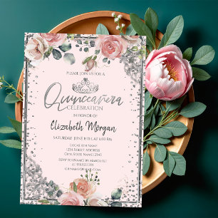 Invitation Chic Tiara en argent, Diamond Rose Roses Quinceañe