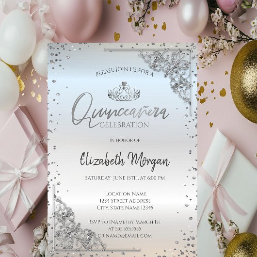 Invitation Chic Tiara en argent, Diamonds Quinceañera