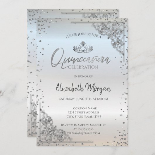 Invitation Chic Tiara en argent, Diamonds Quinceañera (Devant / Derrière)