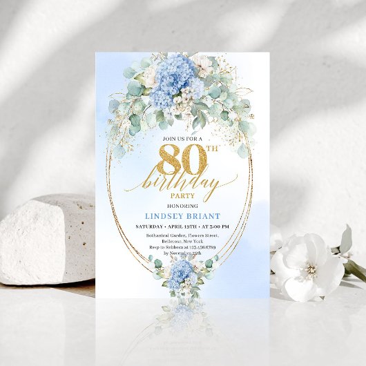 Invitation Chic Timeless Blue Hydrangea Floral 80th Birthday