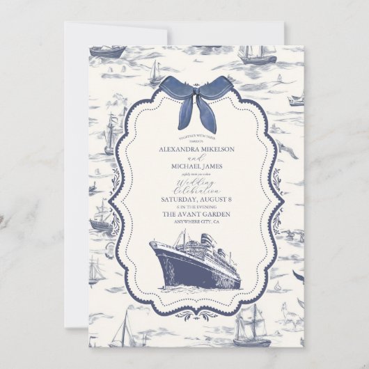 Invitation Chic Toile Nautique de Jouy Bow Mariage (Devant)