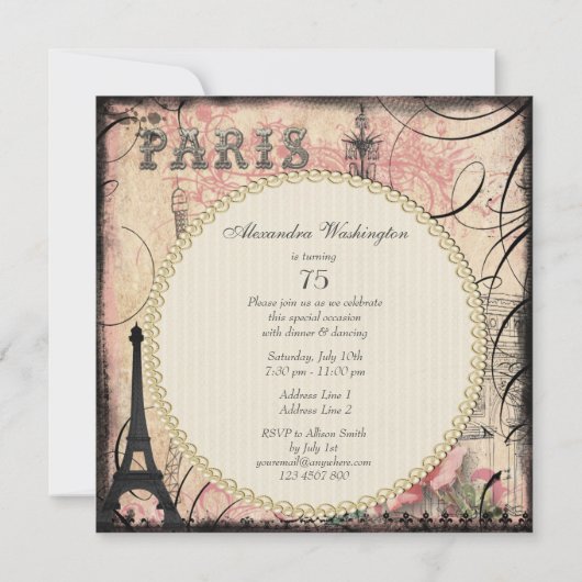 Invitation Chic Tour Eiffel & Chandelier 75e anniversaire (Dos)