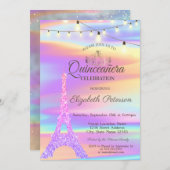 Invitation Chic Tour Eiffel pailleté holographique Quinceañer (Devant / Derrière)