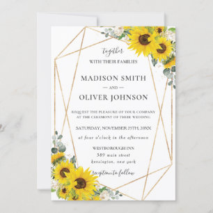 Invitation Chic tournesol floral or Mariage géométrique