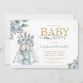 Invitation Chic Tribal Blue Floral Elephant Baby shower garço (Devant)