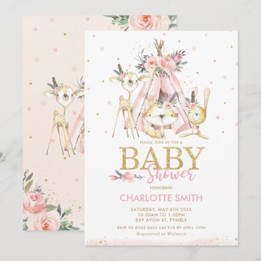 Invitation Chic tribal Woodland Animals Baby shower de filles (Devant / Derrière)