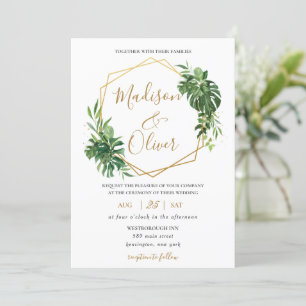 Invitation Chic Tropical Greenery Gold Mariage géométrique