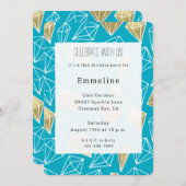 Invitation Chic Turquoise Aqua Blue Gold Diamonds Anniversair (Devant / Derrière)