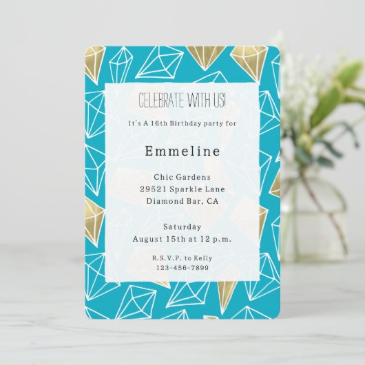 Invitation Chic Turquoise Aqua Blue Gold Diamonds Anniversair (Debout devant)