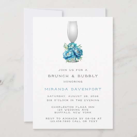 Invitation Chic Turquoise Bleu Peony Flower Brunch & Bubbly (Devant)