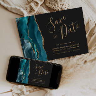 Invitation Chic Turquoise Blue Gold Agate Dark Enregistrer la