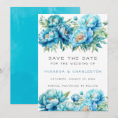Invitation Chic Turquoise Blue Peony Flower Enregistrer La Da (Devant / Derrière)
