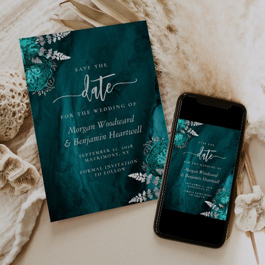 Invitation Chic Turquoise Blue Silver Floral Wedding Enregist