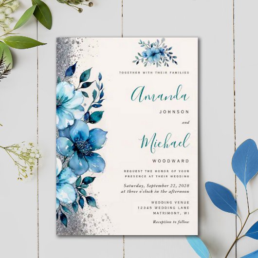 Invitation Chic Turquoise Floral Automne Mariage d'hiver