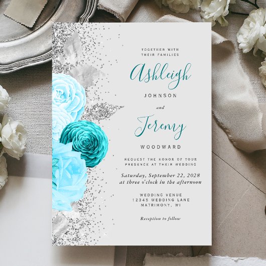 Invitation Chic Turquoise Floral Parties scintillant gris Mar