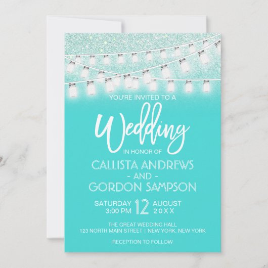 Invitation Chic Turquoise Mason Jar String Mariage Parties sc (Devant)