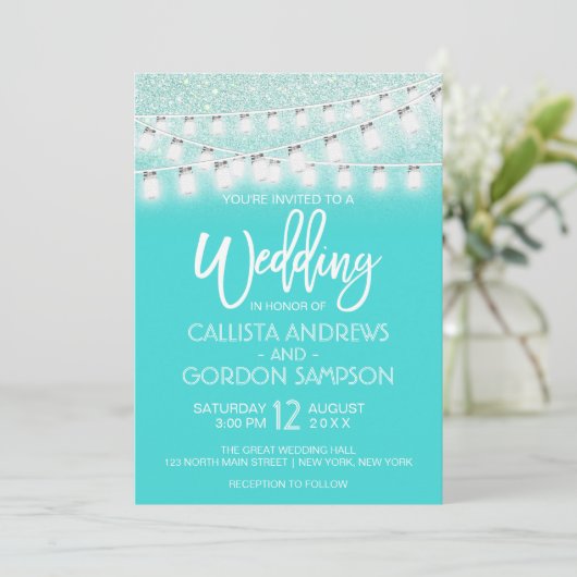Invitation Chic Turquoise Mason Jar String Mariage Parties sc (Debout devant)