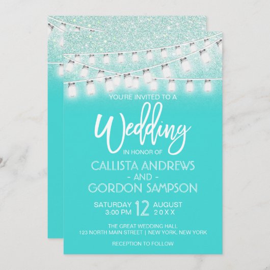 Invitation Chic Turquoise Mason Jar String Mariage Parties sc (Devant / Derrière)