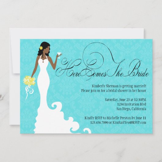 Invitation Chic Turquoise noir jaune damassé voilà la mariée (Devant)