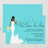 Invitation Chic Turquoise noir jaune damassé voilà la mariée (Devant / Derrière)
