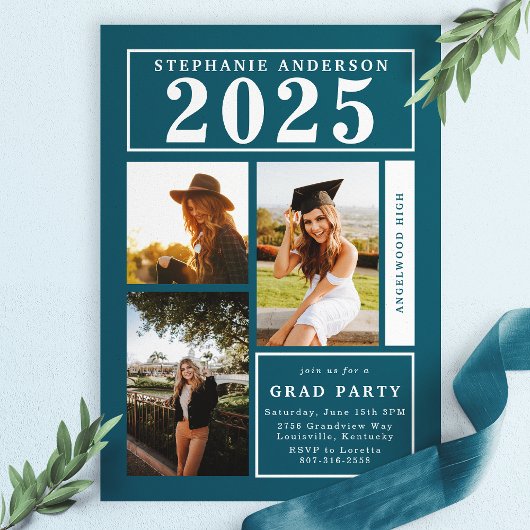Invitation Chic Turquoise Photo Collage Graduation Party