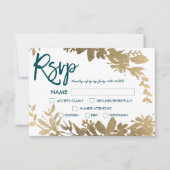 Invitation Chic turquoise script Floral feuille or rsvp maria (Devant)