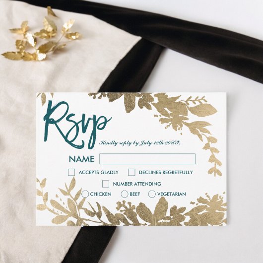 Invitation Chic turquoise script Floral feuille or rsvp maria