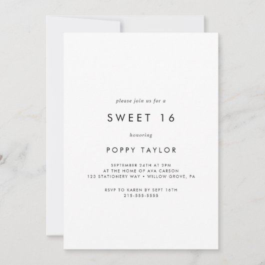 Invitation Chic Typographie Sweet 16 Anniversaire (Devant)
