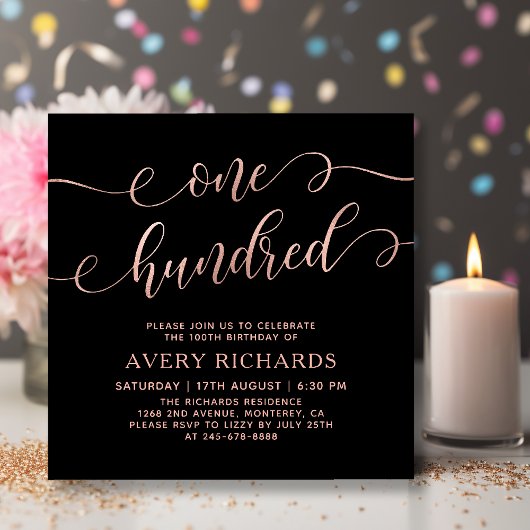 Invitation Chic Un Cent Rose Gold Script 100e anniversaire