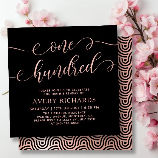 Invitation Chic Un Cent Rose Gold Script 100e anniversaire