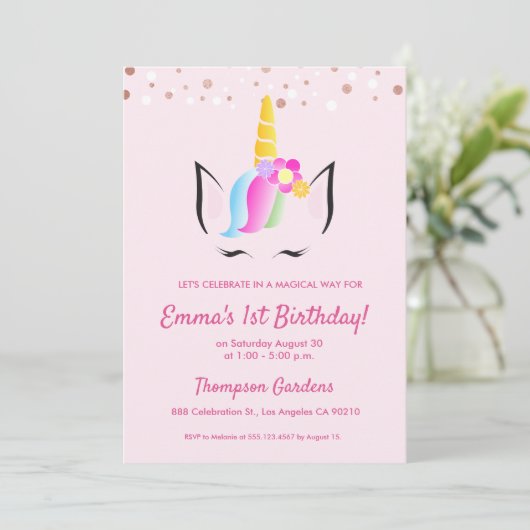 Invitation Chic Unicorn Confetti 1er anniversaire (Debout devant)