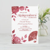 Invitation Chic ventilateur main roses romantiques Quinceañer (Debout devant)