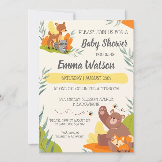 Invitation Chic verdure Bois Animaux Baby shower Forêt (Devant)
