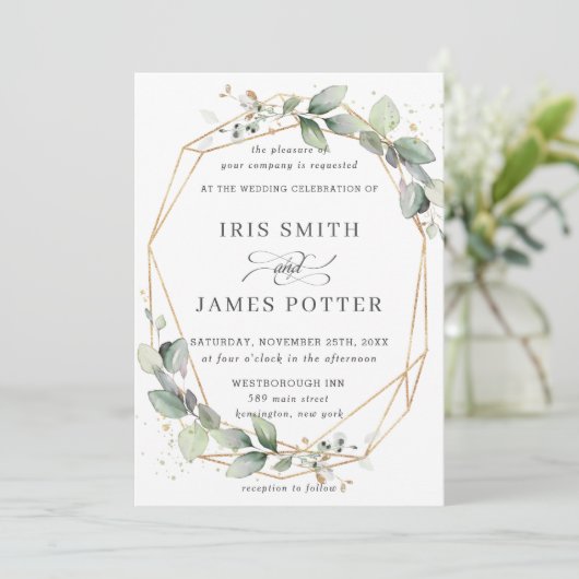 Invitation Chic verdure feuillage Mariage géométrique (Debout devant)