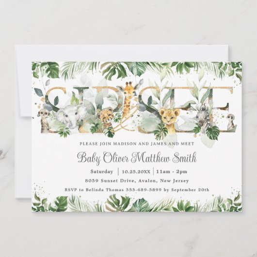 Invitation Chic verdure mignonne Jungle Animaux Baby Sip and (Devant)