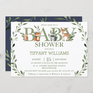 Invitation Chic verdure Rustique Bois Animaux Baby shower