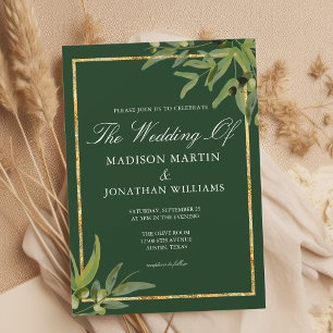 Invitation Chic Vert foncé Or Vin botanique Mariage d'automne