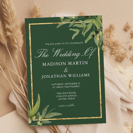Invitation Chic Vert foncé Or Vin botanique Mariage d'automne