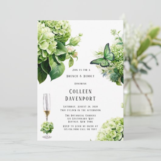 Invitation Chic Vert Hydrangea Butterfly Brunch & Bubbly (Debout devant)