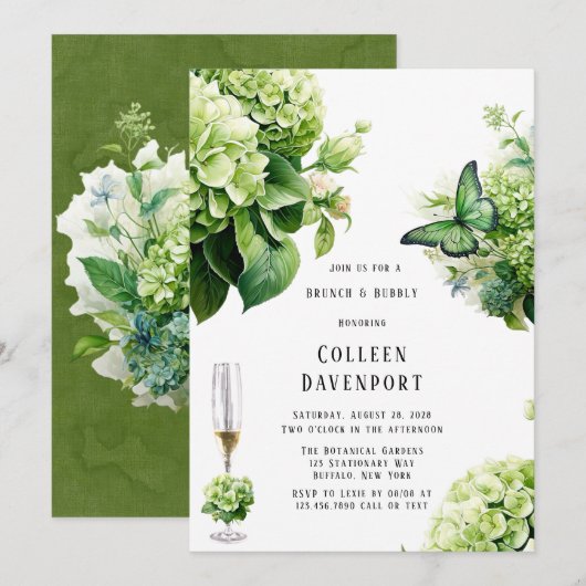 Invitation Chic Vert Hydrangea Butterfly Brunch & Bubbly (Devant / Derrière)