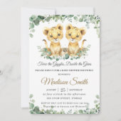 Invitation Chic Vert Lion Cubs Twins Boys Baby shower (Devant)