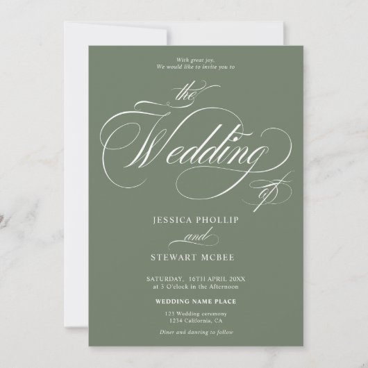 Invitation Chic vert sauge tout en un mariage de calligraphie (Devant)