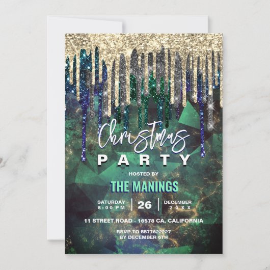 Invitation Chic vert turquoise or parties scintillant gouttes (Devant)