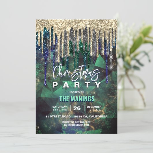 Invitation Chic vert turquoise or parties scintillant gouttes (Debout devant)