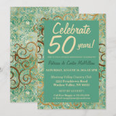 Invitation chic verte et dorée pour le 50e anniver (Devant / Derrière)